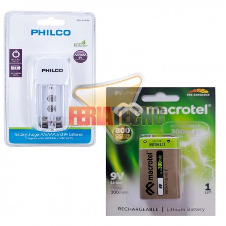 KIT CARGADOR DE PILAS Y BATERÍA + BATERÍA RECARGABLE DE 9V, 250Mah