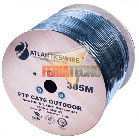 CABLE FTP CON MENSAJERO CAT6, 23 AWG, CCA, 305 MTS. PVC. NEGRO. EXTERIOR